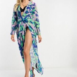 ASOS Tie Front Beach Maxi Dress Cover Up Kimono - US 12 - Blue Green